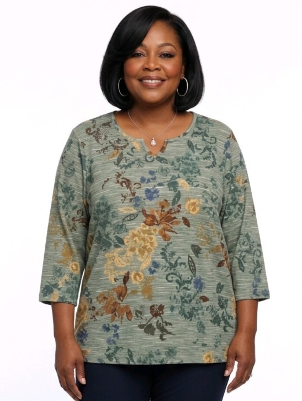 CJ Banks Heather Sage Green Floral 3/4 Sleeve Knit Top Size 3X